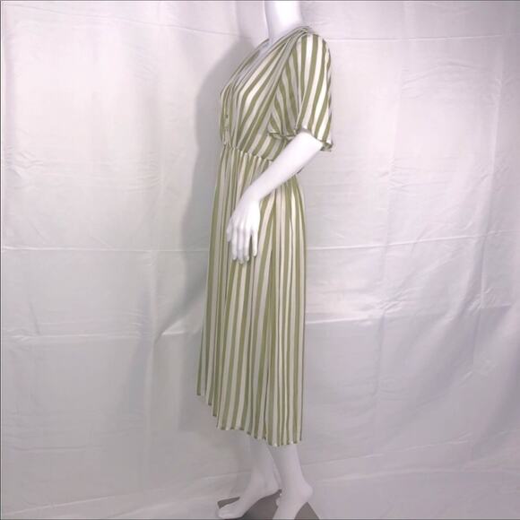 SMY MuMu Cream Olive Green Stripes V-Neck Short Sleeves Midi Dress SzM NWT - Picture 5 of 16